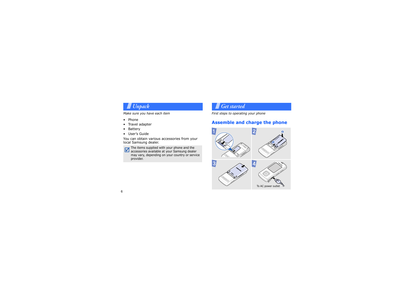 Unpack, Get started, Make sure you have each item | First steps to operating your phone, Assemble and charge the phone | Samsung GH68-14886A User Manual | Page 9 / 46