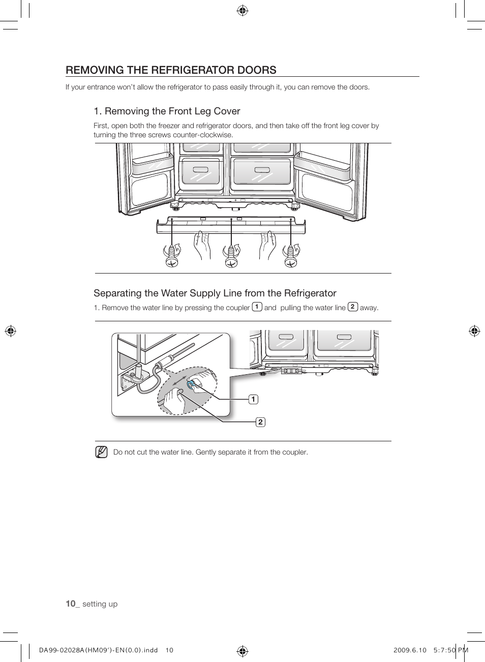 Removing the refrigerator doors, Removing the front leg cover | Samsung SRS600HNP User Manual | Page 10 / 44