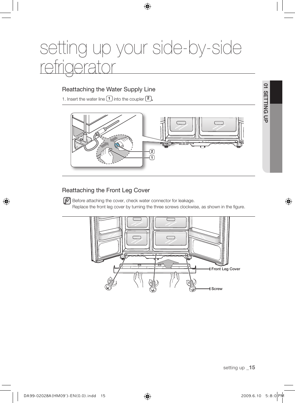 Setting up your side-by-side refrigerator | Samsung SRS600HNP User Manual | Page 15 / 44