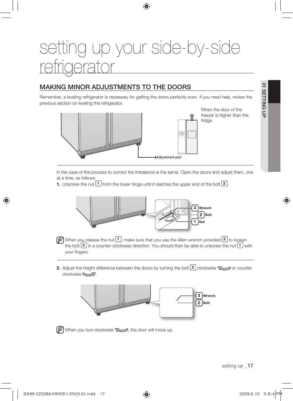 Making minor adjustments to the doors, Setting up your side-by-side refrigerator | Samsung SRS600HNP User Manual | Page 17 / 44