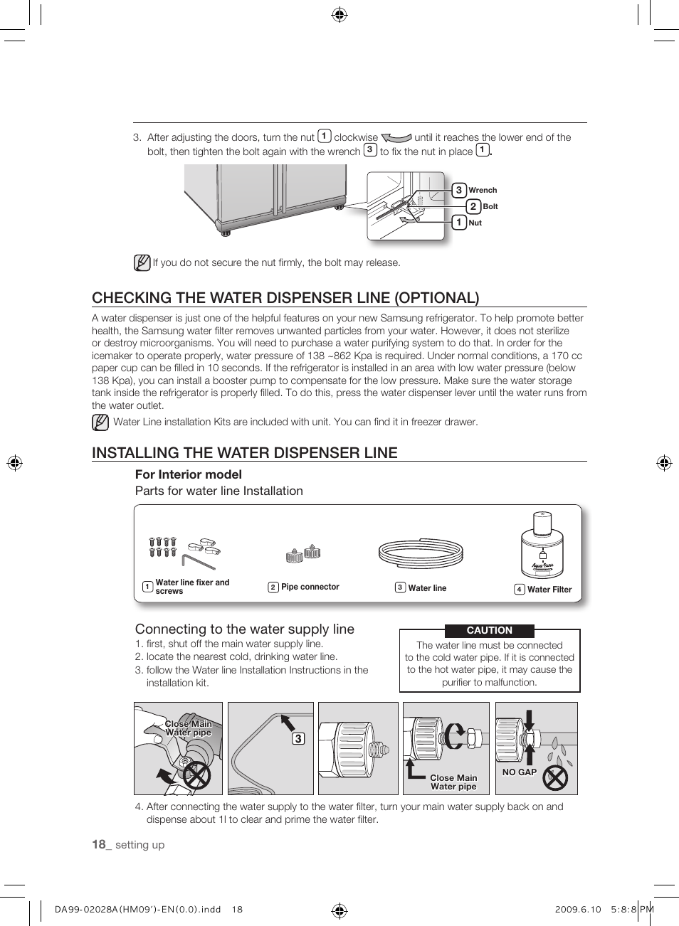 Checking the water dispenser line (optional), Installing the water dispenser line, Connecting to the water supply line | Samsung SRS600HNP User Manual | Page 18 / 44