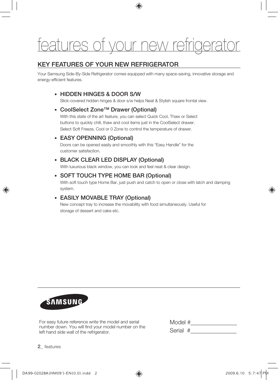 Features of your new refrigerator, Key features of your new refrigerator | Samsung SRS600HNP User Manual | Page 2 / 44