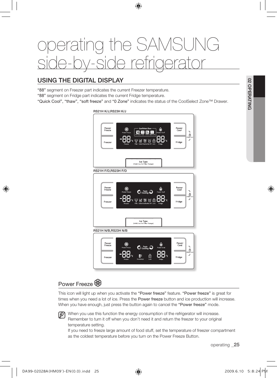 Using the digital display, Operating the samsung side-by-side refrigerator | Samsung SRS600HNP User Manual | Page 25 / 44