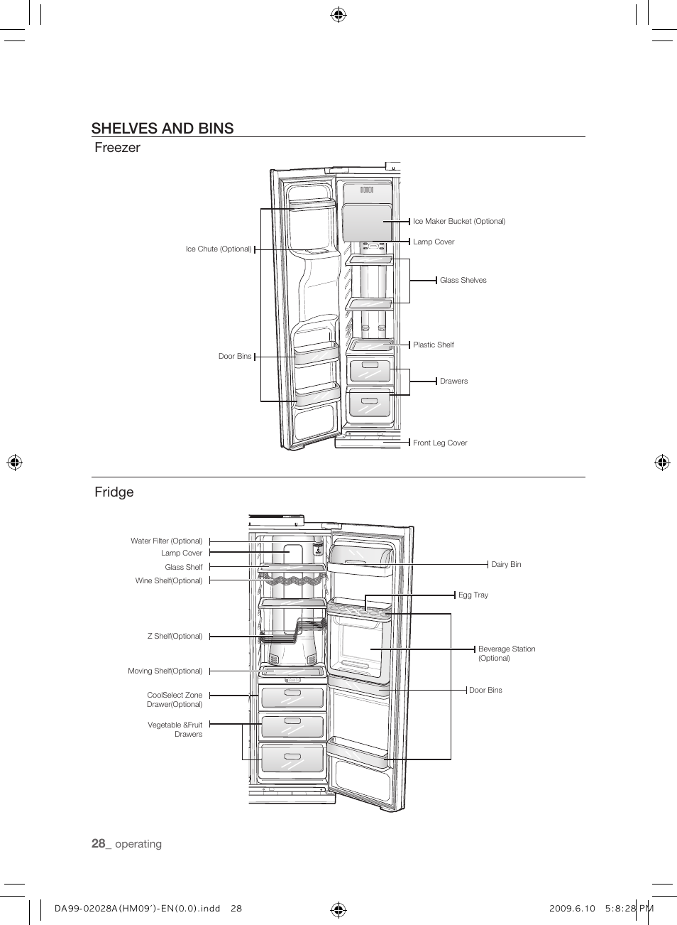 Shelves and bins, Freezer, Fridge | Samsung SRS600HNP User Manual | Page 28 / 44