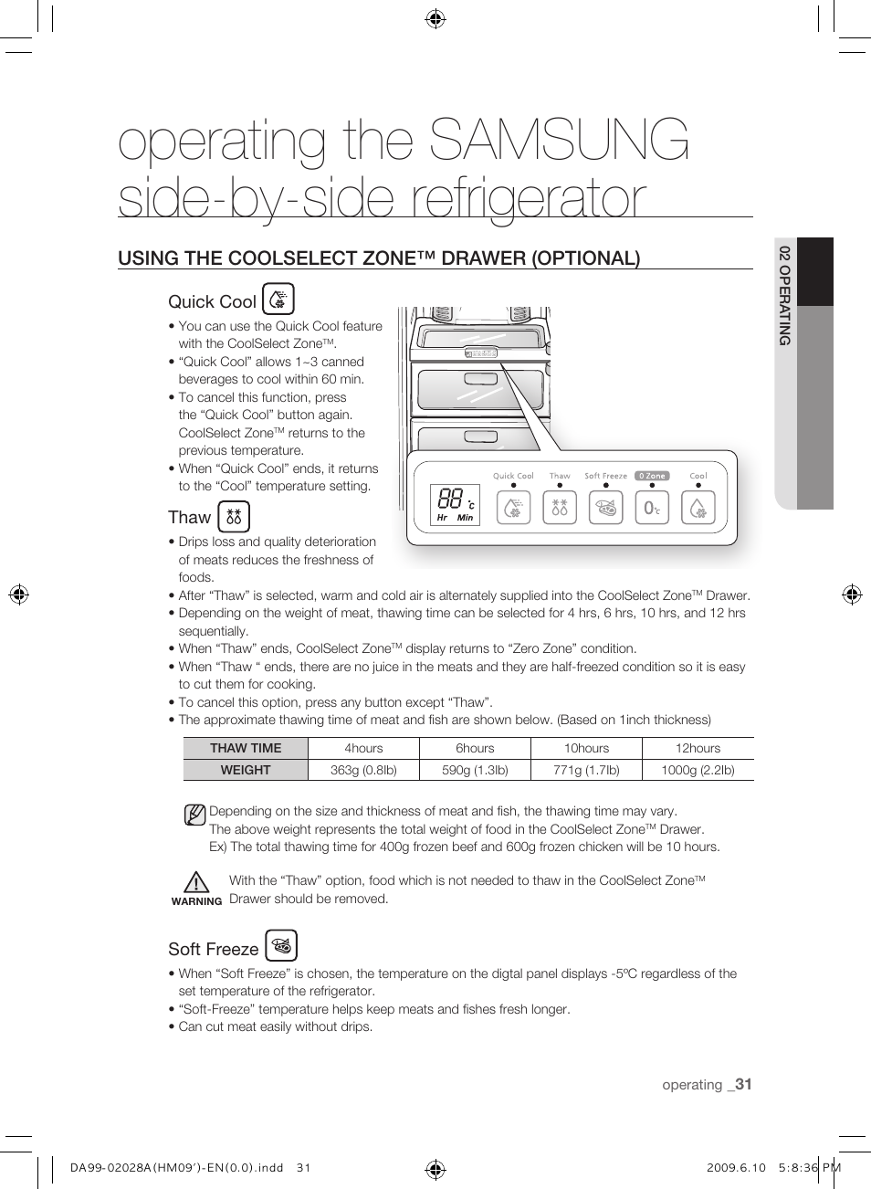 Using the coolselect zone™ drawer (optional), Operating the samsung side-by-side refrigerator, Quick cool | Thaw, Soft freeze | Samsung SRS600HNP User Manual | Page 31 / 44