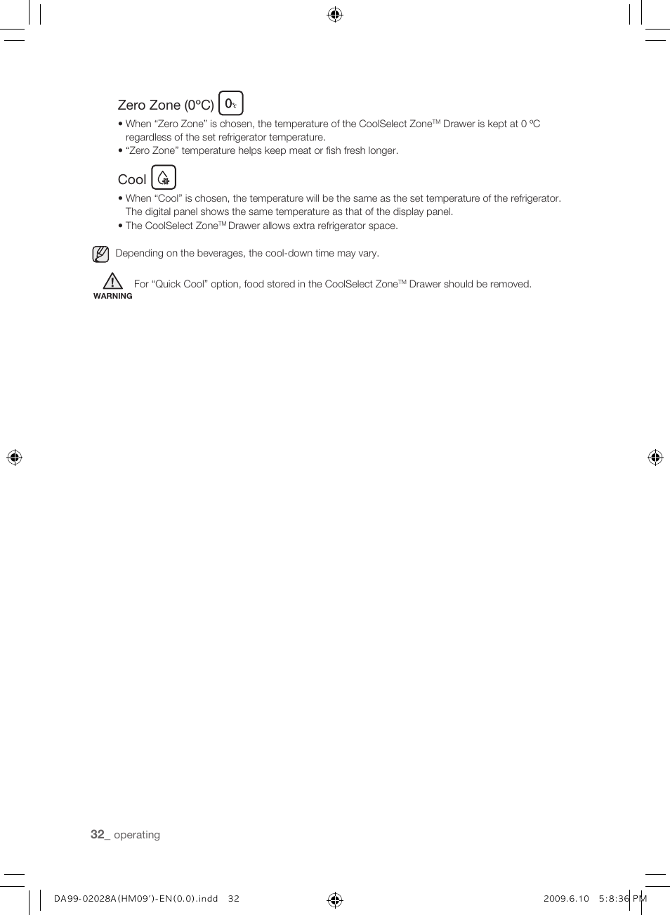 Zero zone (0ºc), Cool | Samsung SRS600HNP User Manual | Page 32 / 44