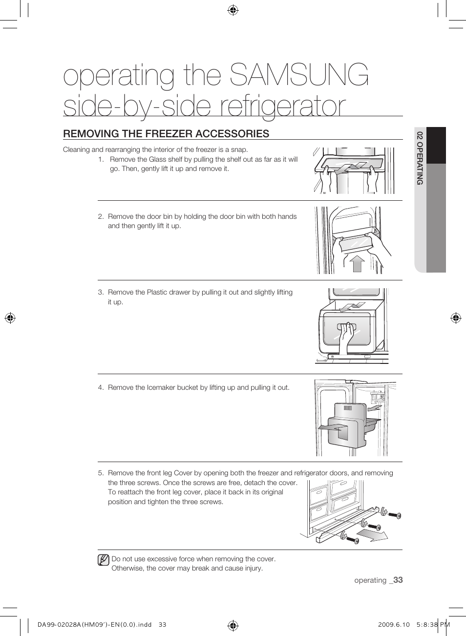 Removing the freezer accessories, Operating the samsung side-by-side refrigerator | Samsung SRS600HNP User Manual | Page 33 / 44