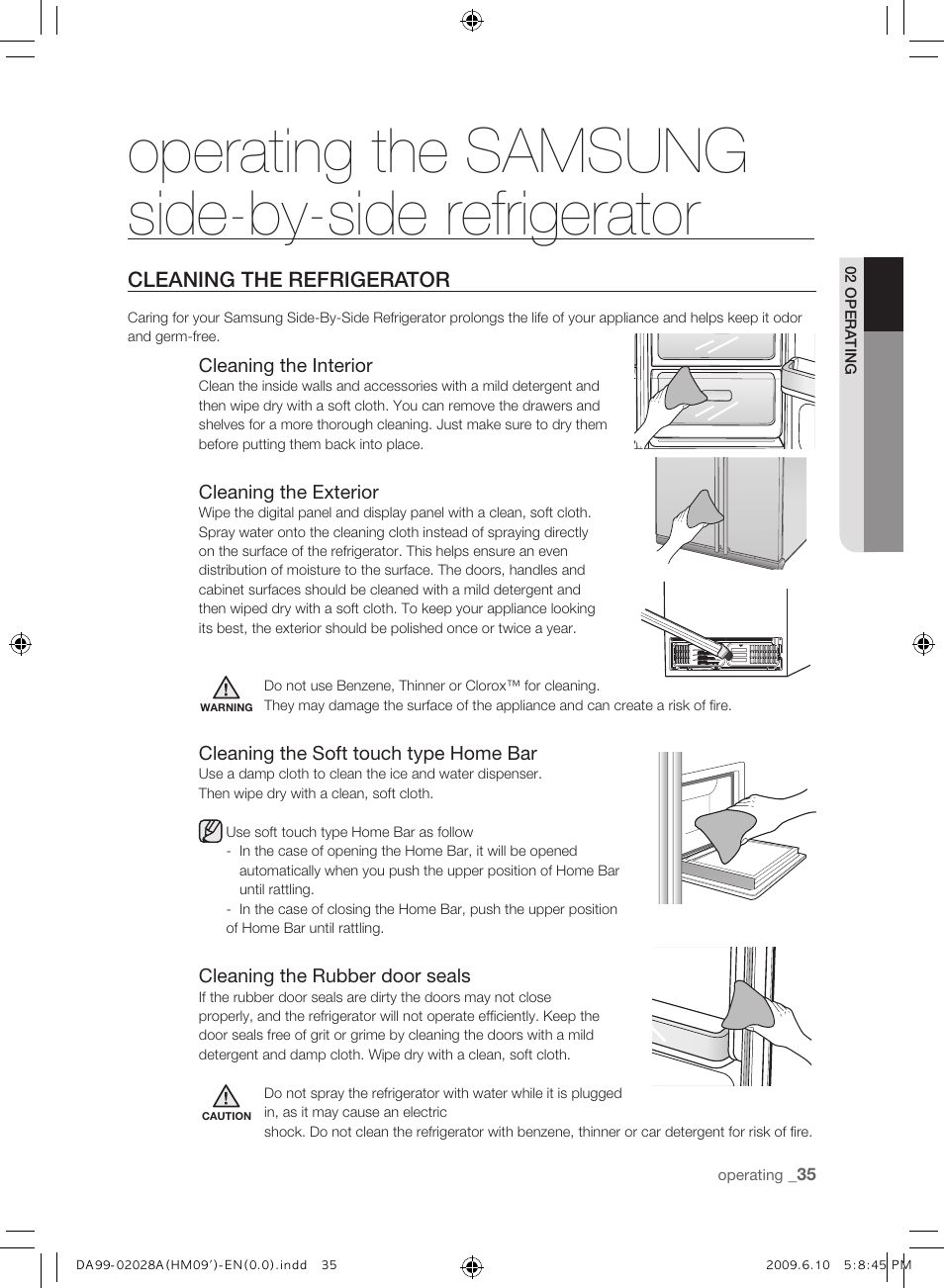 Cleaning the refrigerator, Operating the samsung side-by-side refrigerator | Samsung SRS600HNP User Manual | Page 35 / 44