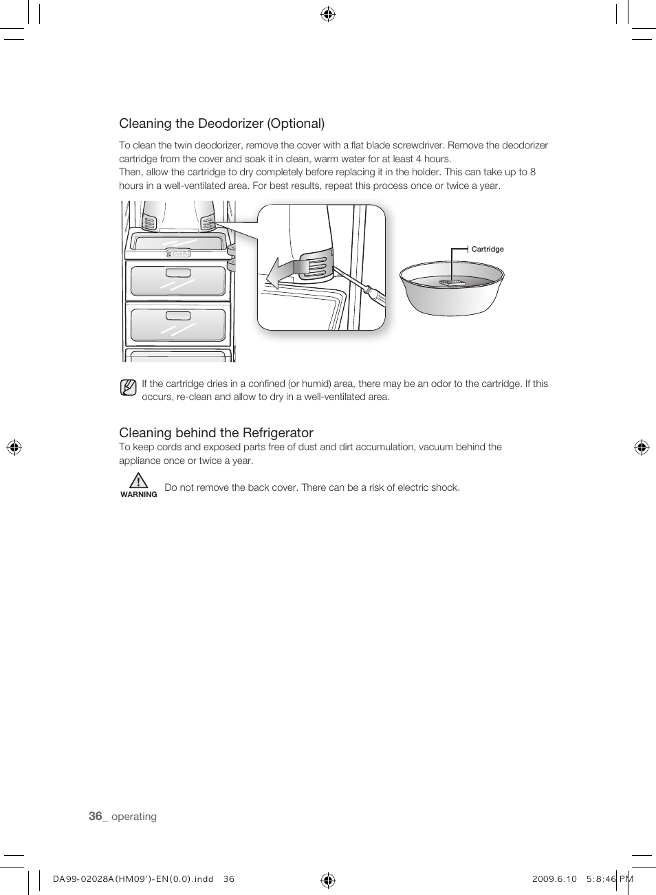 Cleaning the deodorizer (optional), Cleaning behind the refrigerator | Samsung SRS600HNP User Manual | Page 36 / 44