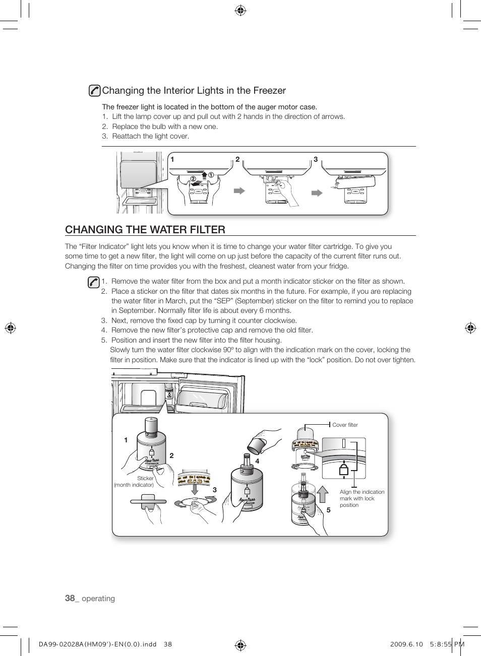 Changing the water filter, Changing the interior lights in the freezer | Samsung SRS600HNP User Manual | Page 38 / 44
