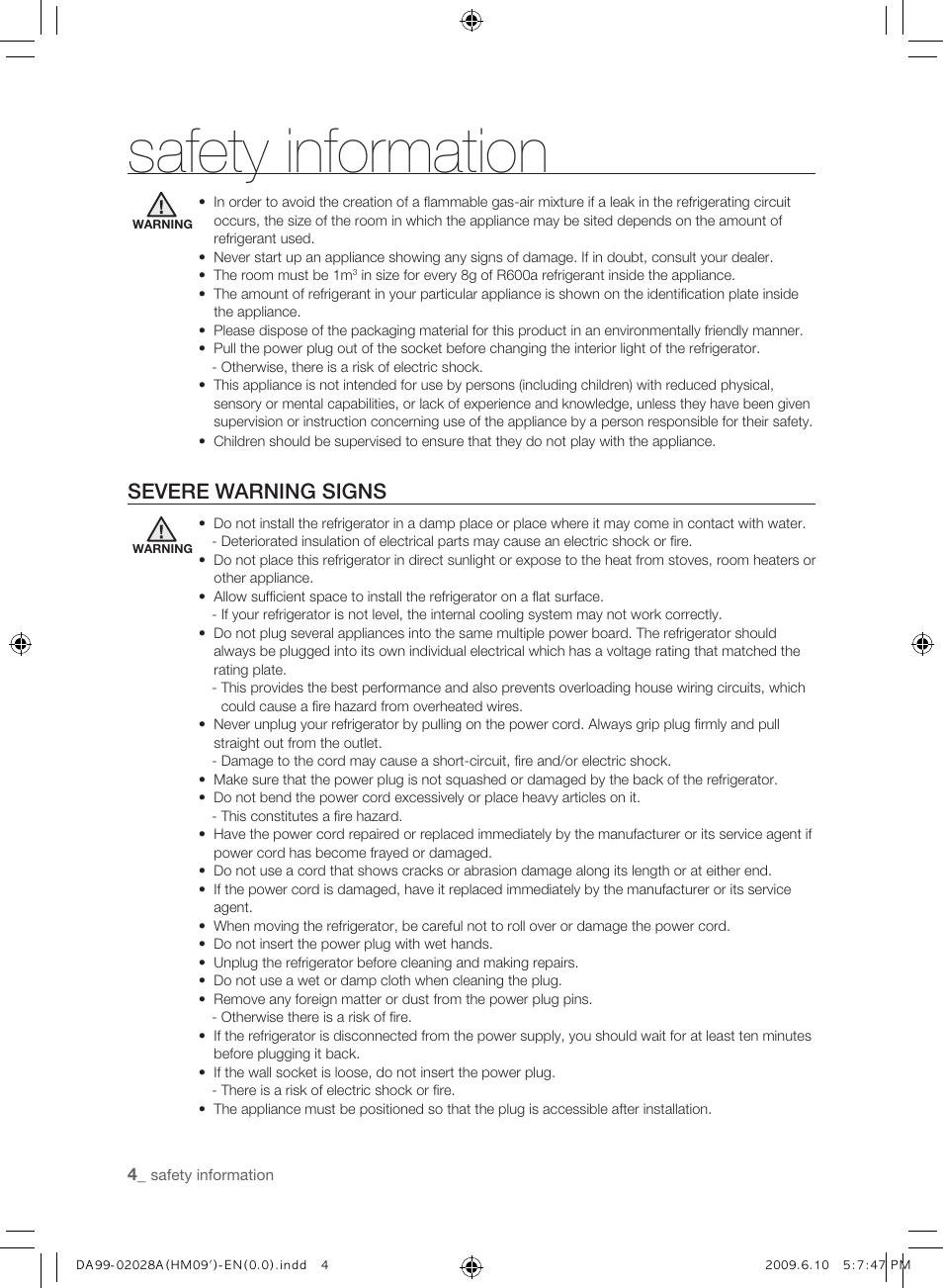 Severe warning signs, Safety information | Samsung SRS600HNP User Manual | Page 4 / 44