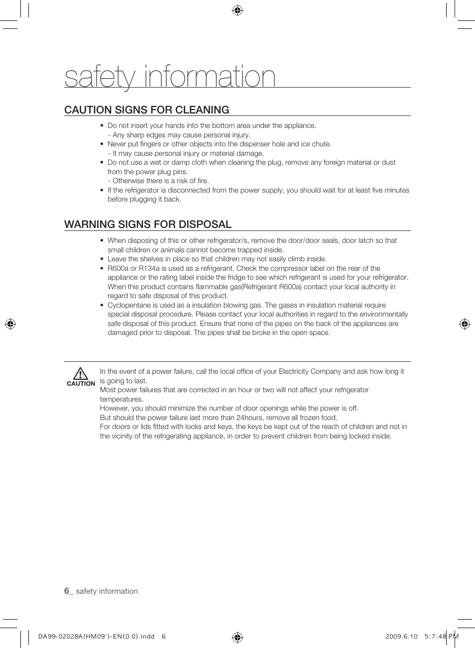 Caution signs for cleaning, Warning signs for disposal, Safety information | Samsung SRS600HNP User Manual | Page 6 / 44