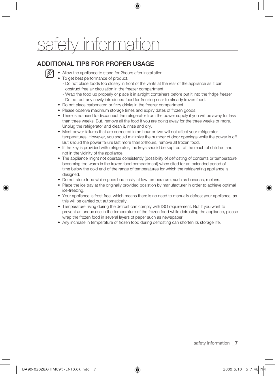 Additional tips for proper usage, Safety information | Samsung SRS600HNP User Manual | Page 7 / 44