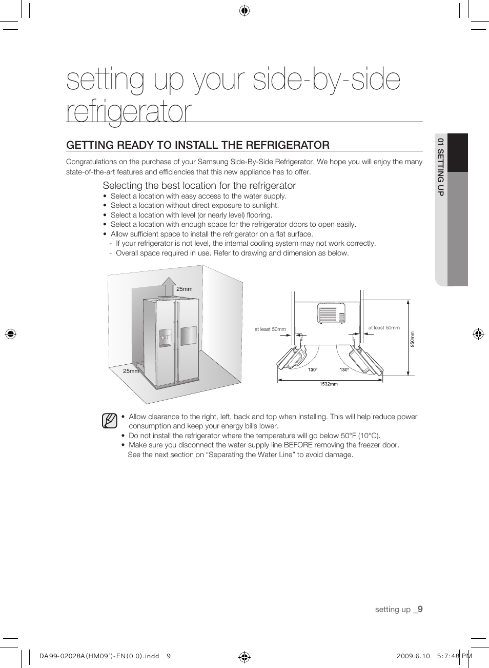 Setting up your side-by-siderefrigerator, Getting ready to install the refrigerator, Setting up your side-by-side refrigerator | Samsung SRS600HNP User Manual | Page 9 / 44