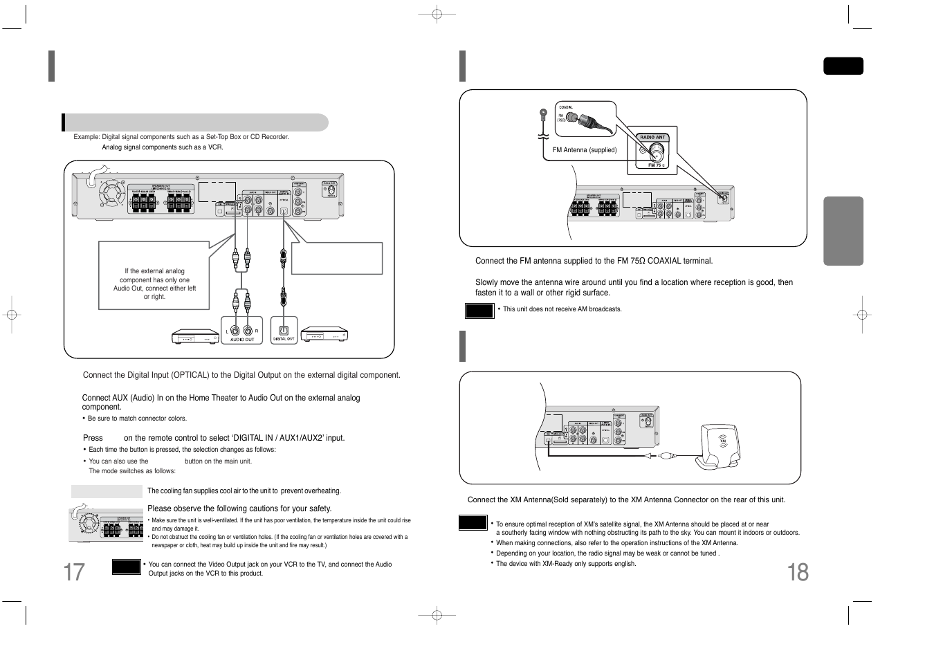 Connecting the fm antenna, Connecting external components, Connecting an optional xm satellite radio antenna | Samsung HT-Q45 User Manual | Page 10 / 41