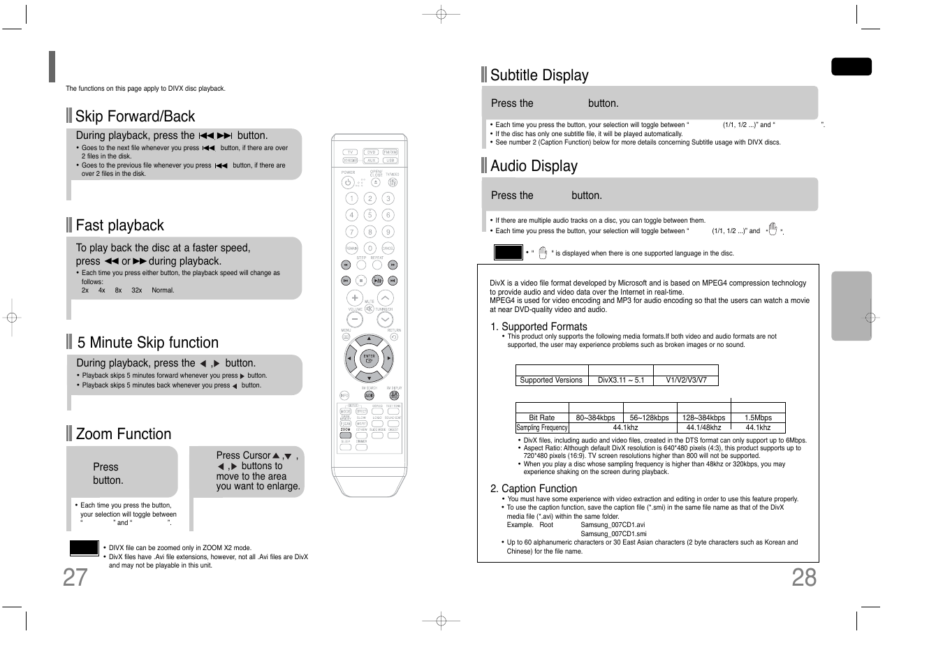 Divx playback, Fast playback, Skip forward/back | Zoom function, 5 minute skip function, Subtitle display, Audio display | Samsung HT-Q45 User Manual | Page 15 / 41