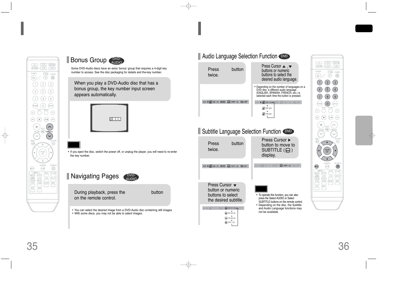 Bonus group / navigating pages 36 35, Selecting audio/subtitle language, Bonus group | Navigating pages, Audio language selection function, Subtitle language selection function | Samsung HT-Q45 User Manual | Page 19 / 41