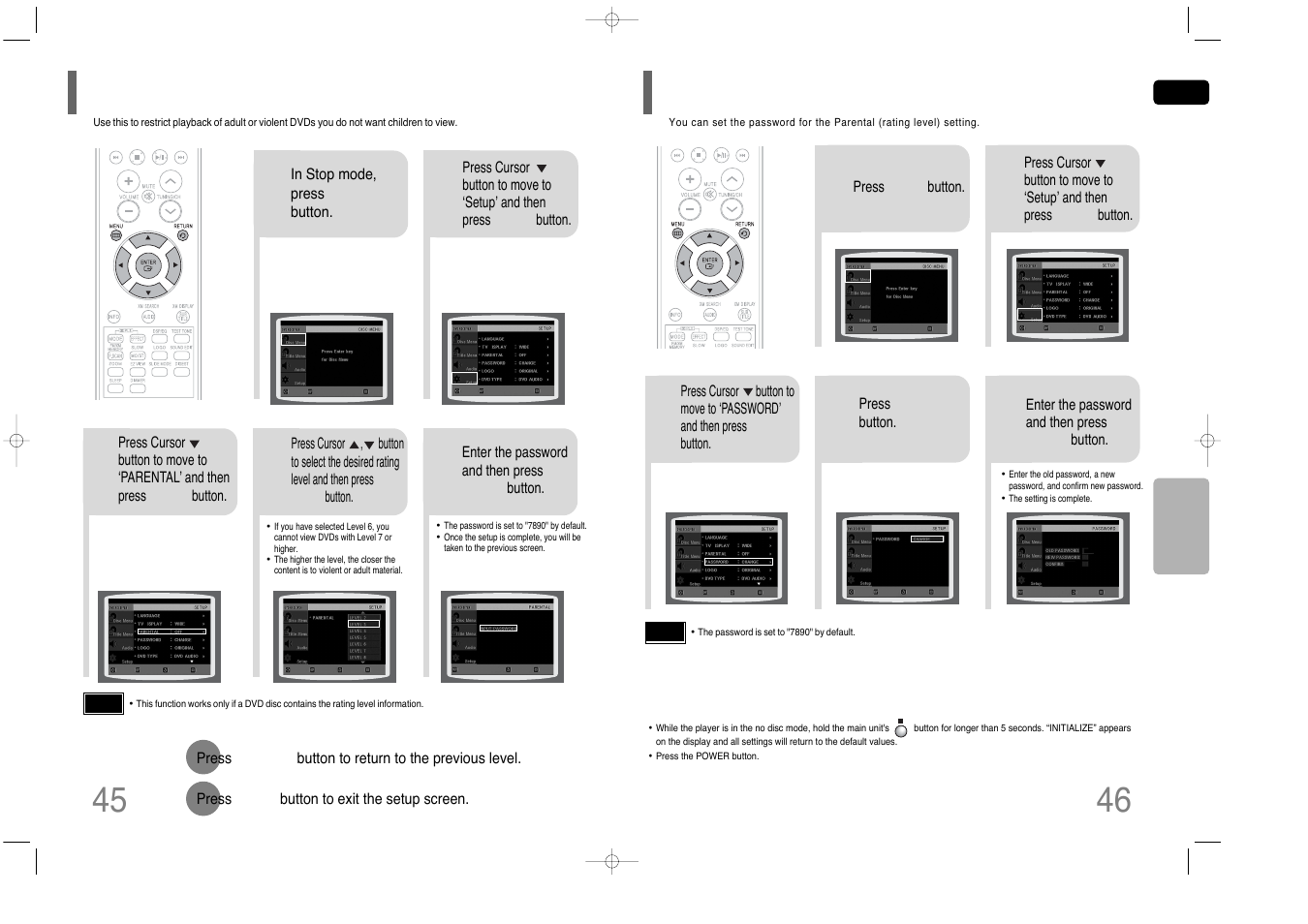 Setting parental controls (rating level), Setting the password 46 | Samsung HT-Q45 User Manual | Page 24 / 41