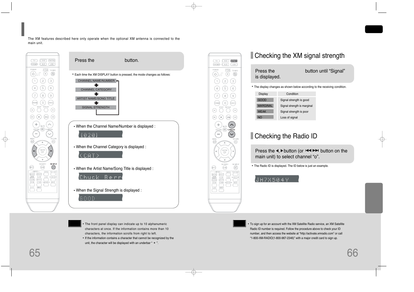 65 66 xm display mode, Checking the xm signal strength, Checking the radio id | Samsung HT-Q45 User Manual | Page 34 / 41