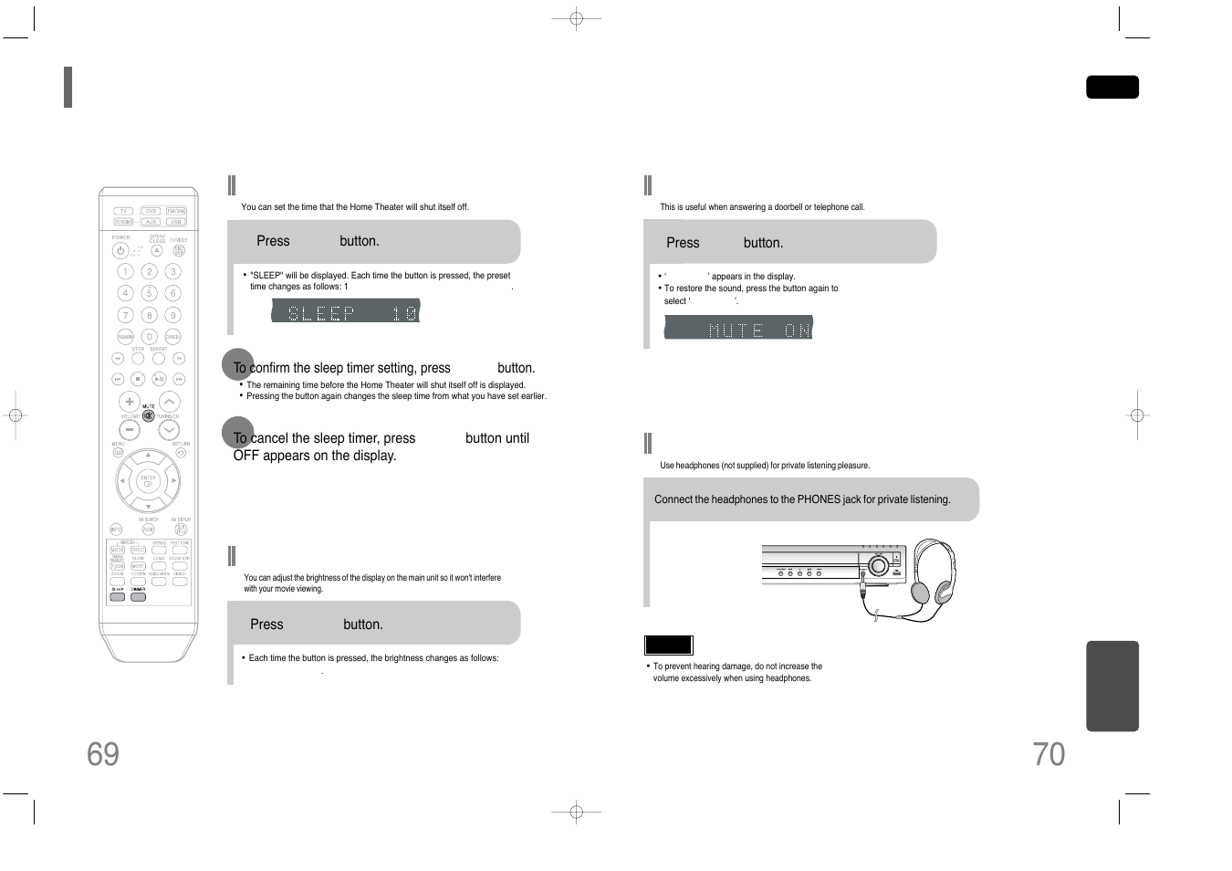 Convenient functions, Adjusting display brightness, Sleep timer function | Mute function, Using headphones | Samsung HT-Q45 User Manual | Page 36 / 41