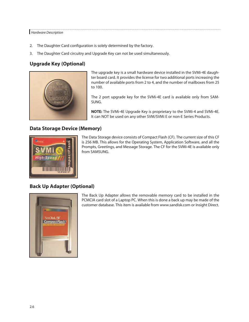 Upgrade key (optional), Back up adapter (optional) | Samsung SVMi-8E User Manual | Page 14 / 40