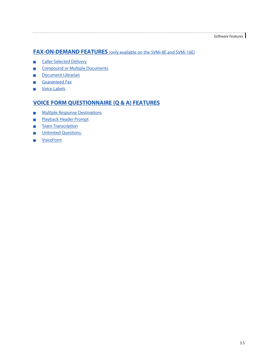 Fax-on-demand features, Voice form questionnaire (q & a) features | Samsung SVMi-8E User Manual | Page 24 / 40