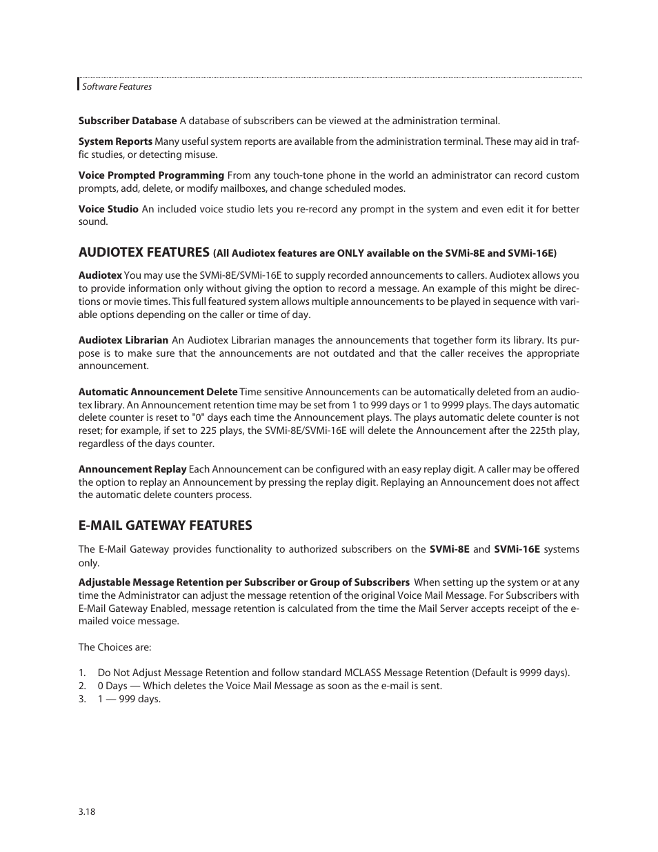 Audiotex features, E-mail gateway features | Samsung SVMi-8E User Manual | Page 37 / 40