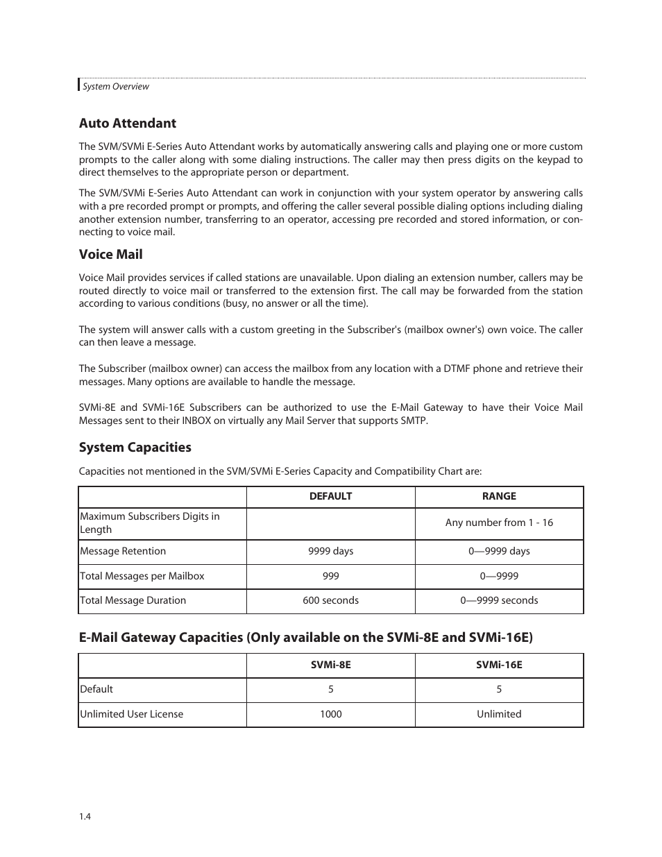Auto attendant, Voice mail, System capacities | Samsung SVMi-8E User Manual | Page 8 / 40