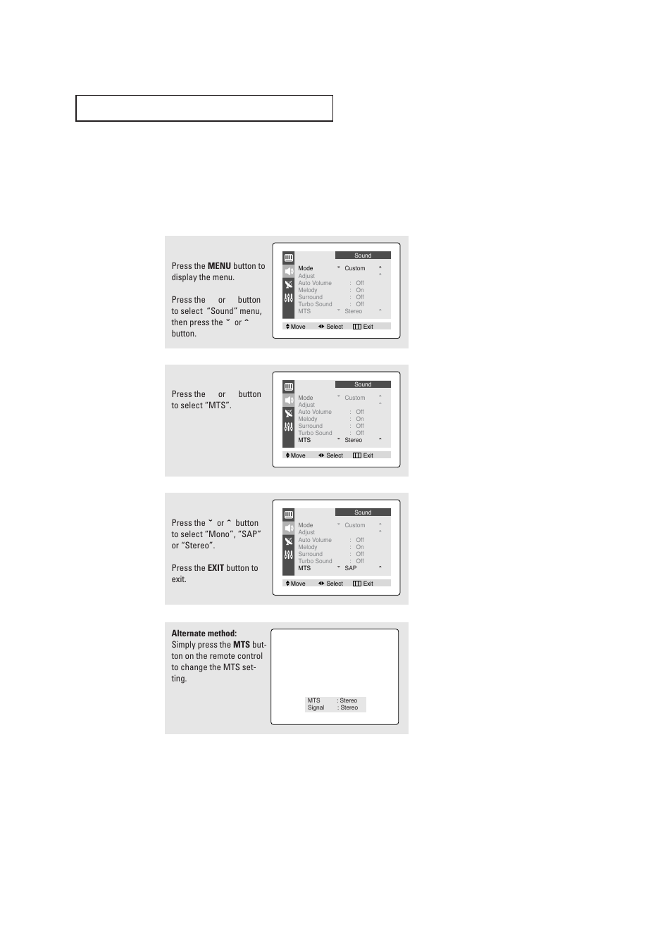 Choosing a multi-channel sound (mts)soundtrack, Choosing a multi-channel sound (mts) soundtrack | Samsung CL21K30MQ  EN User Manual | Page 33 / 40