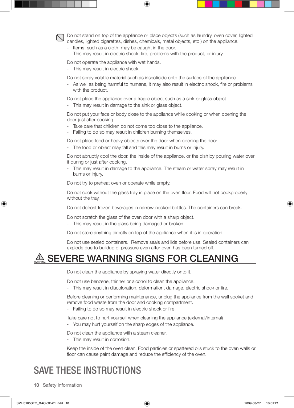 Save these instructions, Severe warning signs for cleaning | Samsung DE68-03267F-01 User Manual | Page 10 / 36