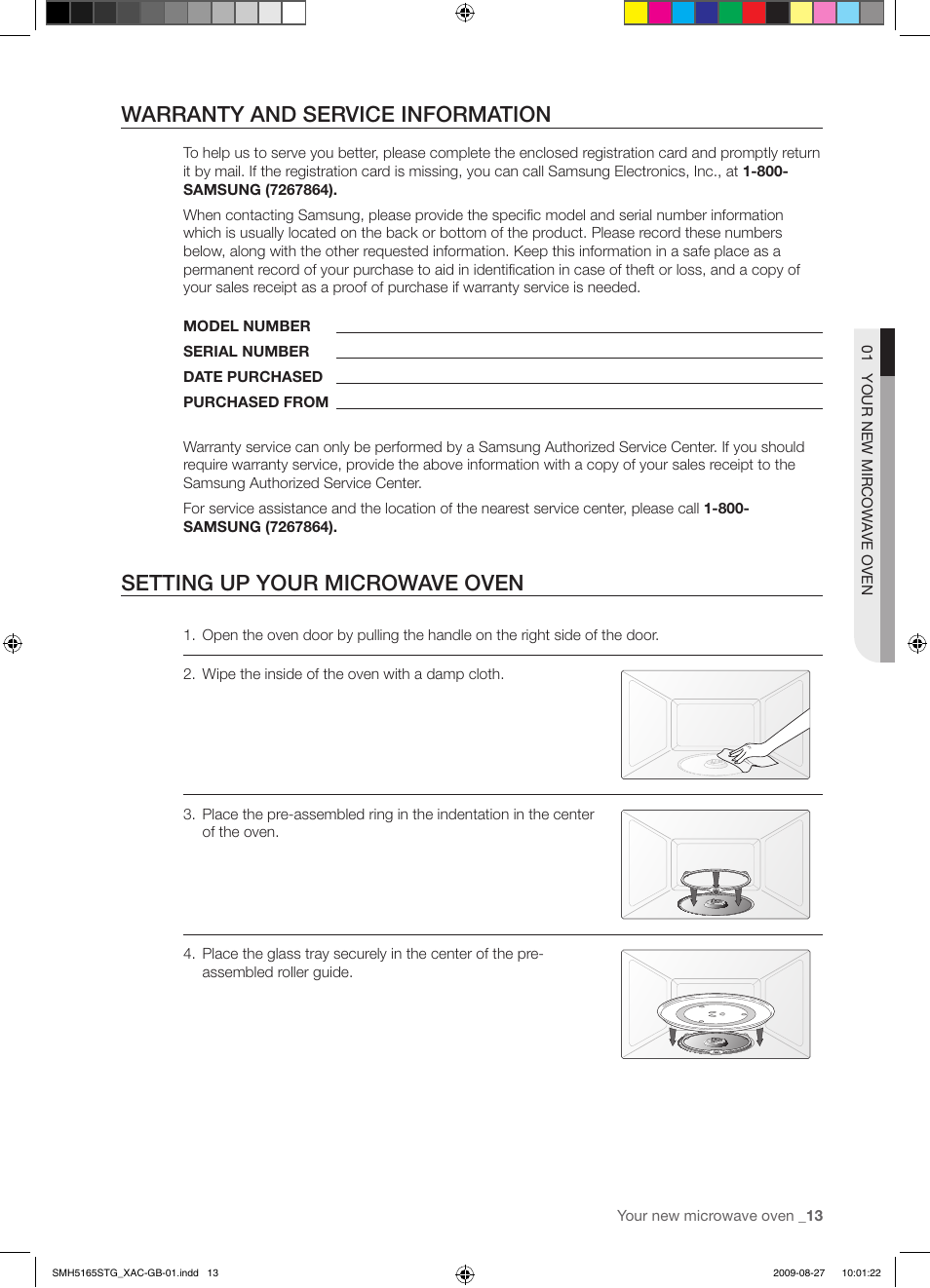 Warranty and service information, Setting up your microwave oven | Samsung DE68-03267F-01 User Manual | Page 13 / 36
