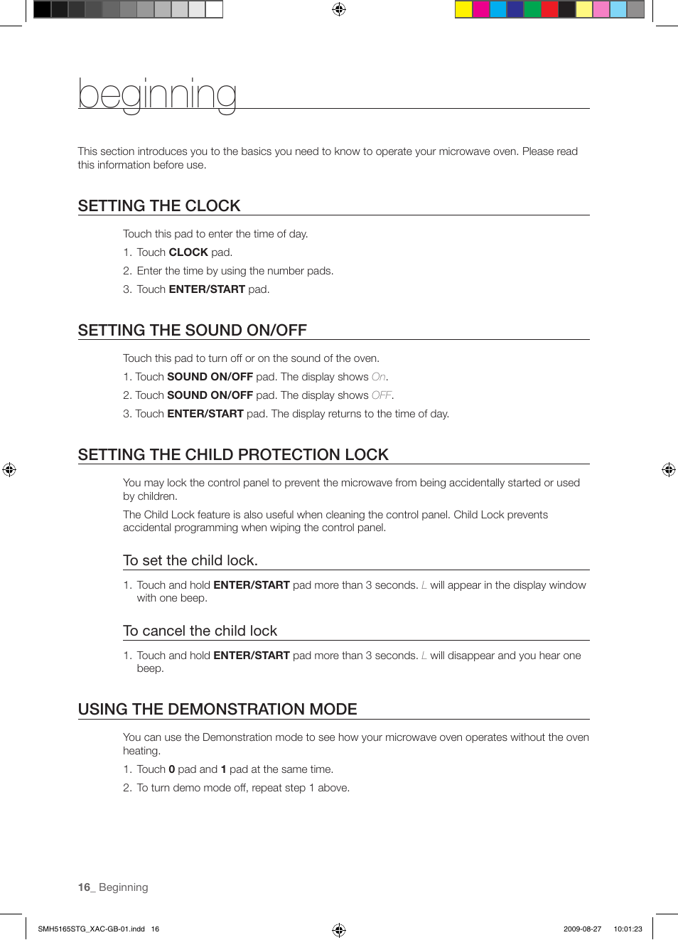 Beginning, Setting the clock, Setting the sound on/off | Setting the child protection lock, Using the demonstration mode | Samsung DE68-03267F-01 User Manual | Page 16 / 36