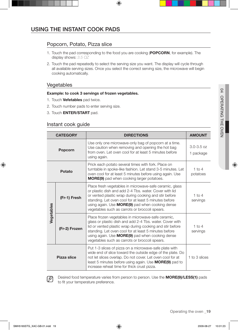 Using the instant cook pads, Popcorn, potato, pizza slice, Vegetables | Instant cook guide | Samsung DE68-03267F-01 User Manual | Page 19 / 36