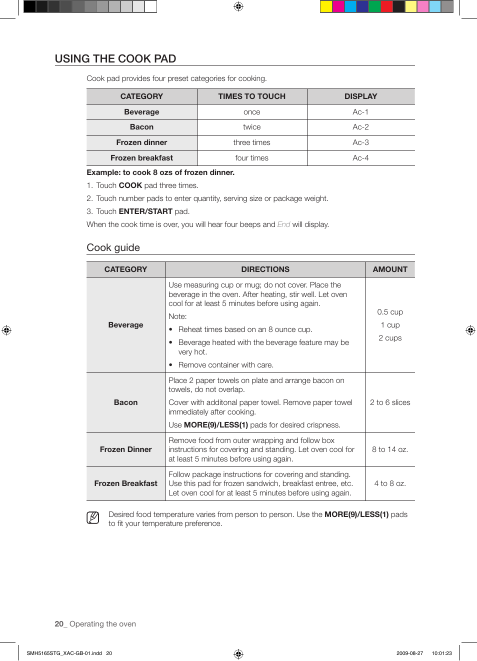 Using the cook pad, Cook guide | Samsung DE68-03267F-01 User Manual | Page 20 / 36