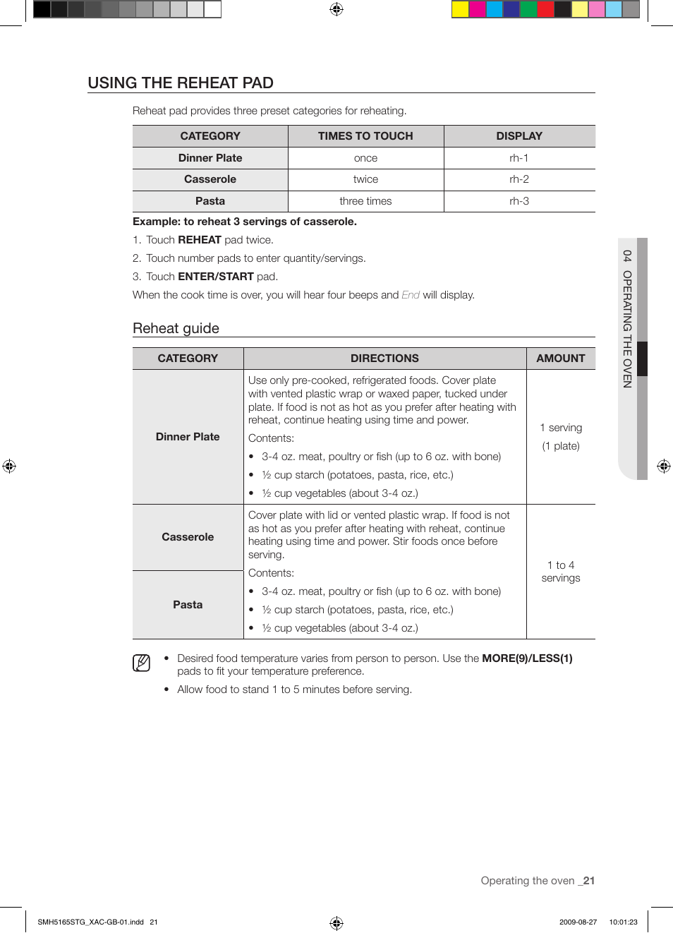 Using the reheat pad, Reheat guide | Samsung DE68-03267F-01 User Manual | Page 21 / 36