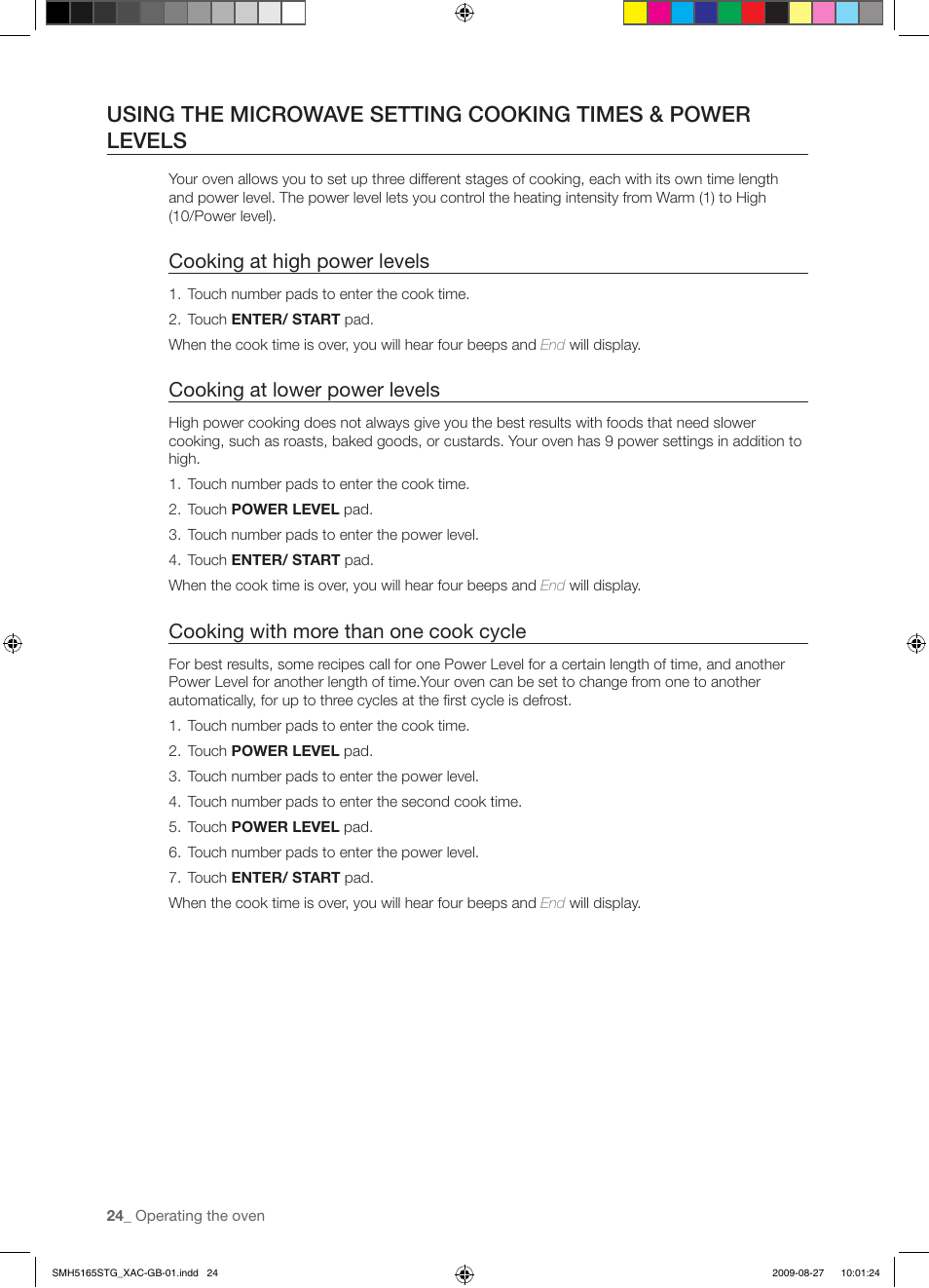 Cooking at high power levels, Cooking at lower power levels, Cooking with more than one cook cycle | Samsung DE68-03267F-01 User Manual | Page 24 / 36