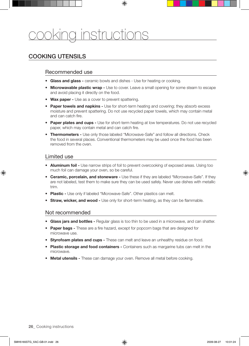 Cooking instructions, Cooking utensils, Recommended use | Limited use, Not recommended | Samsung DE68-03267F-01 User Manual | Page 26 / 36