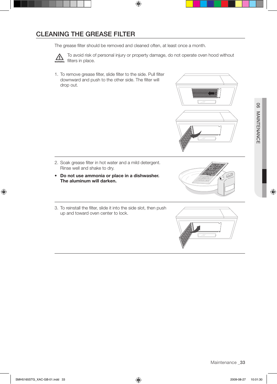 Cleaning the grease filter | Samsung DE68-03267F-01 User Manual | Page 33 / 36