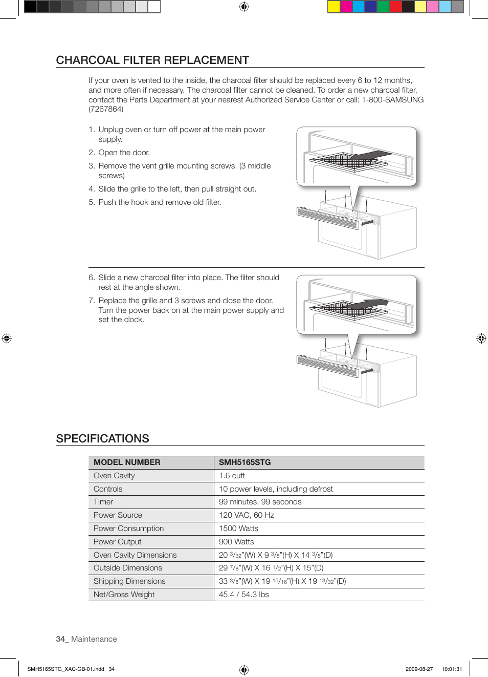 Charcoal filter replacement, Specifications | Samsung DE68-03267F-01 User Manual | Page 34 / 36
