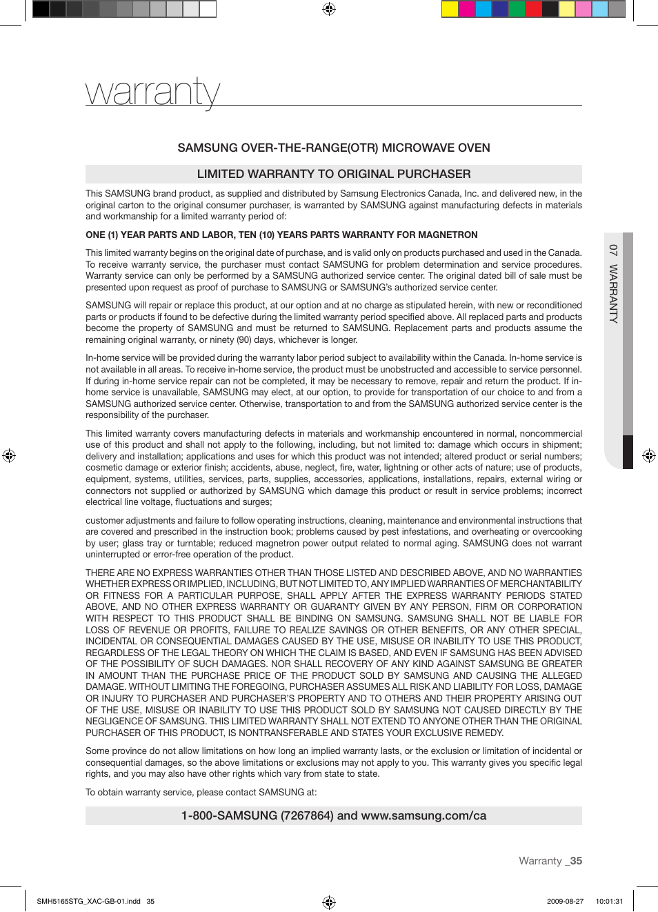 Warranty | Samsung DE68-03267F-01 User Manual | Page 35 / 36