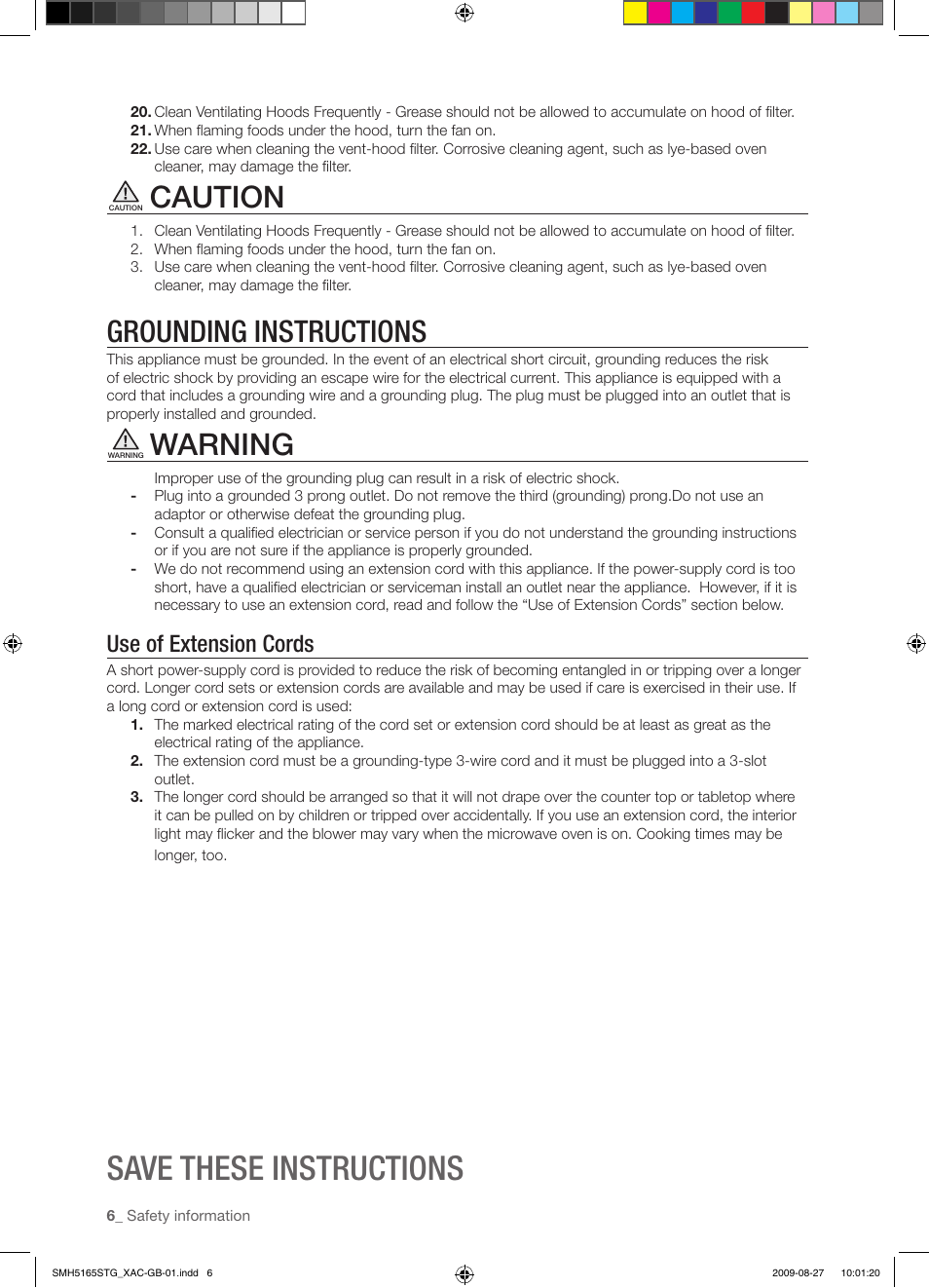 Save these instructions, Caution, Grounding instructions | Warning, Use of extension cords | Samsung DE68-03267F-01 User Manual | Page 6 / 36