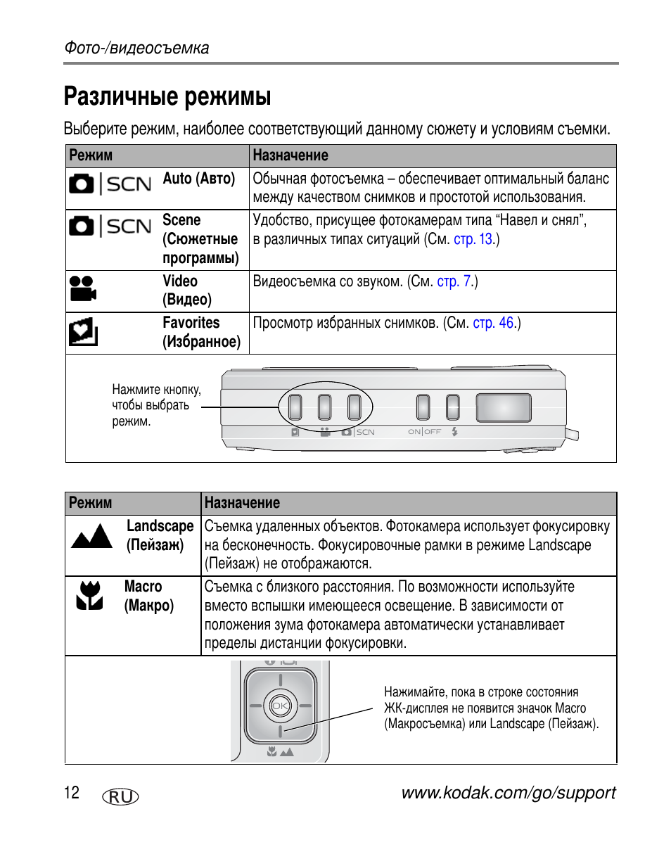 Различные режимы | Kodak V603 User Manual | Page 18 / 91