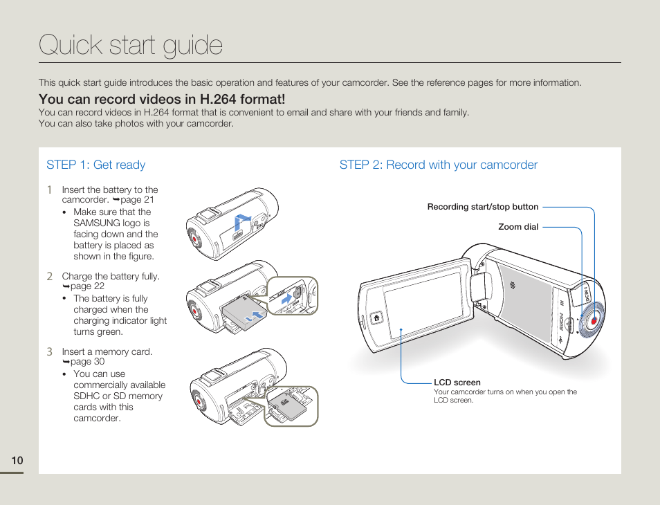 Quick start guide, You can record videos in h.264 format | Samsung HMX-Q11TP User Manual | Page 10 / 110