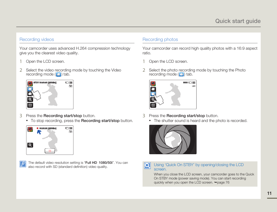 Quick start guide | Samsung HMX-Q11TP User Manual | Page 11 / 110