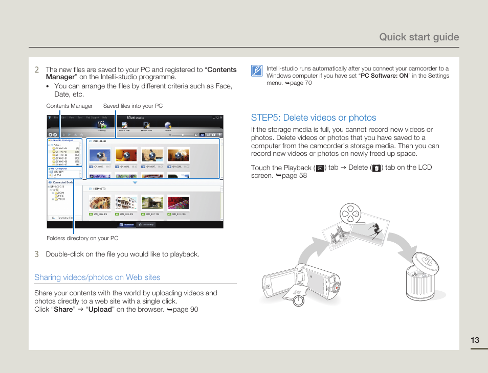 Quick start guide, Step5: delete videos or photos | Samsung HMX-Q11TP User Manual | Page 13 / 110