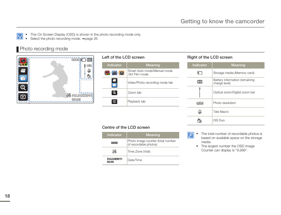 Getting to know the camcorder, Photo recording mode | Samsung HMX-Q11TP User Manual | Page 18 / 110