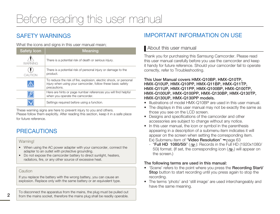 Before reading this user manual, Safety warnings, Precautions | Important information on use | Samsung HMX-Q11TP User Manual | Page 2 / 110