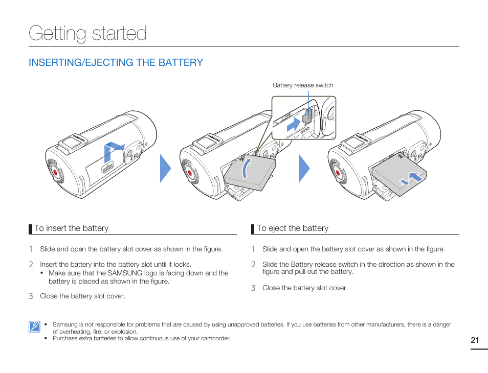 Getting started, Inserting/ejecting the battery | Samsung HMX-Q11TP User Manual | Page 21 / 110