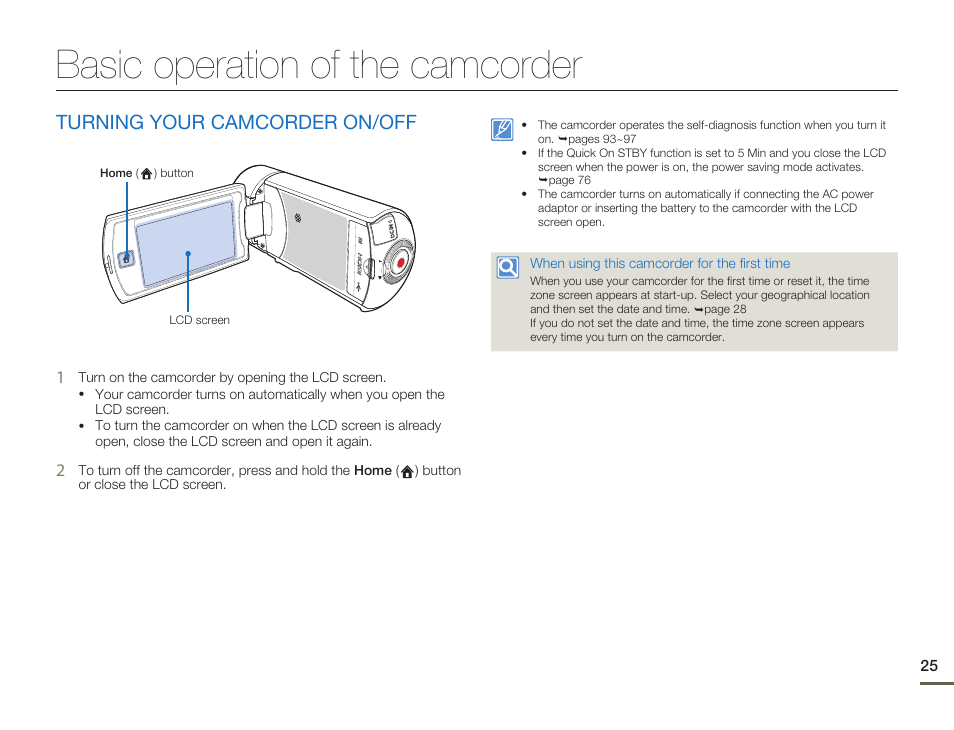 Basic operation of the camcorder, Turning your camcorder on/off | Samsung HMX-Q11TP User Manual | Page 25 / 110