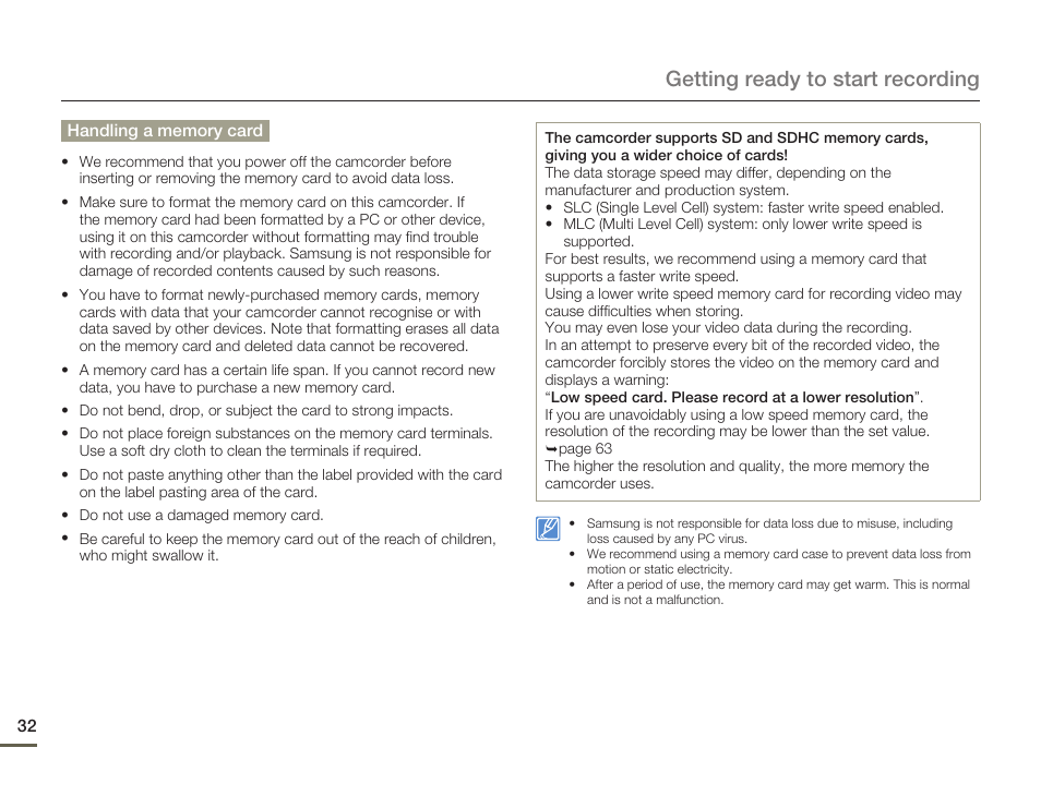 Getting ready to start recording | Samsung HMX-Q11TP User Manual | Page 32 / 110